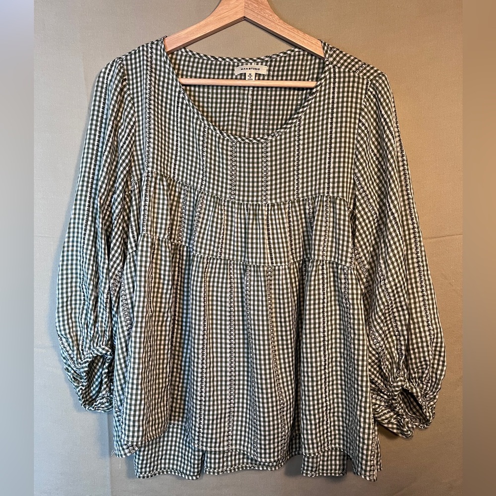Max Studio Green Gingham 3/4 Puff Sleeve Cottage Core Inspired Baby Doll Blouse